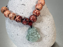 Load image into Gallery viewer, 10 Breaths Necklace with Jade Buddha Charm and Decorative Wood Beads
