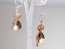 Load image into Gallery viewer, .  Tigers Eye, Pearl, Lotus Flower Seed Bead and Frosted glass Bead Earrings
