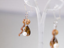 Load image into Gallery viewer, .  Tigers Eye, Pearl, Lotus Flower Seed Bead and Frosted glass Bead Earrings
