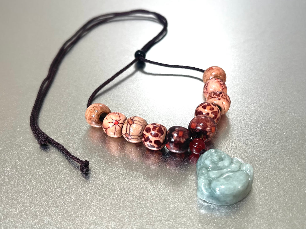 10 Breaths Necklace with Jade Buddha Charm and Decorative Wood Beads